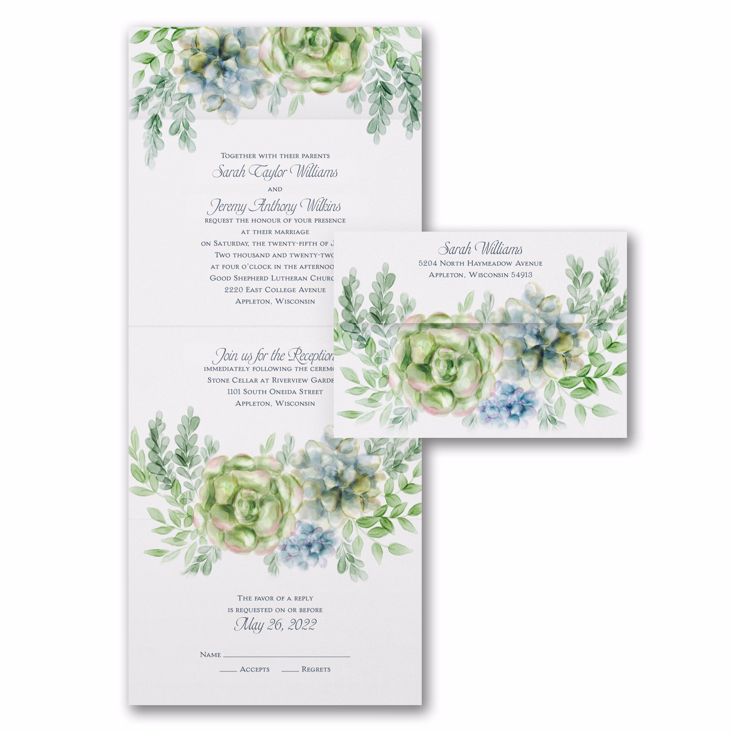 Enchanted Succulent Watercolor Seal-n-Send Wedding Invitation